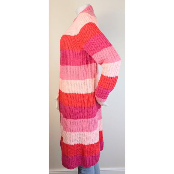 LOFT Red Pink Wide Stripe Open Cardigan Duster Fuzzy Sweater Pockets Size Large - Picture 6 of 9